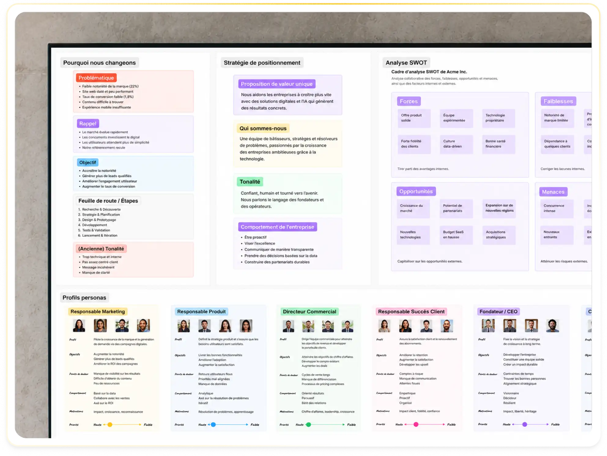 French business strategy board with SWOT analysis, positioning strategy, marketing personas, and roadmap sections.