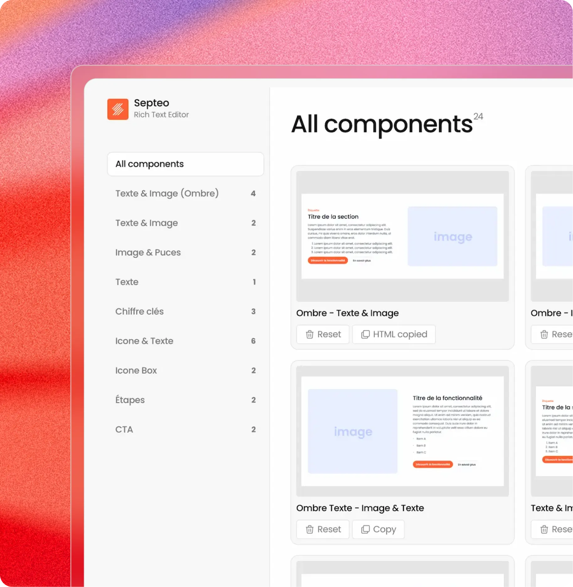 Interface of Septeo Rich Text Editor showing list of component categories and previews of text-image layouts.