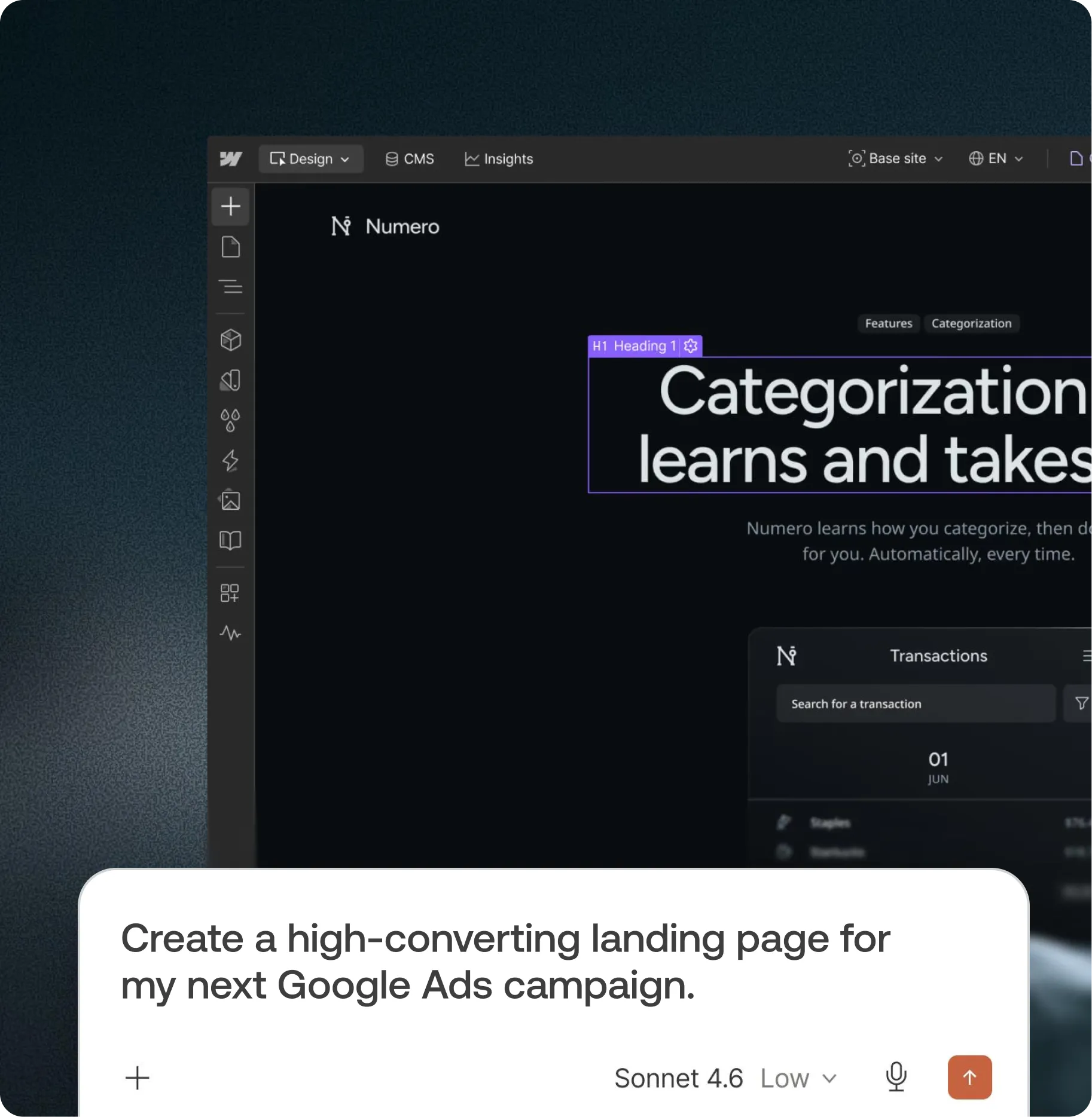 Webflow Designer interface showcasing AI-assisted landing page creation from a natural language prompt for a Google Ads campaign.