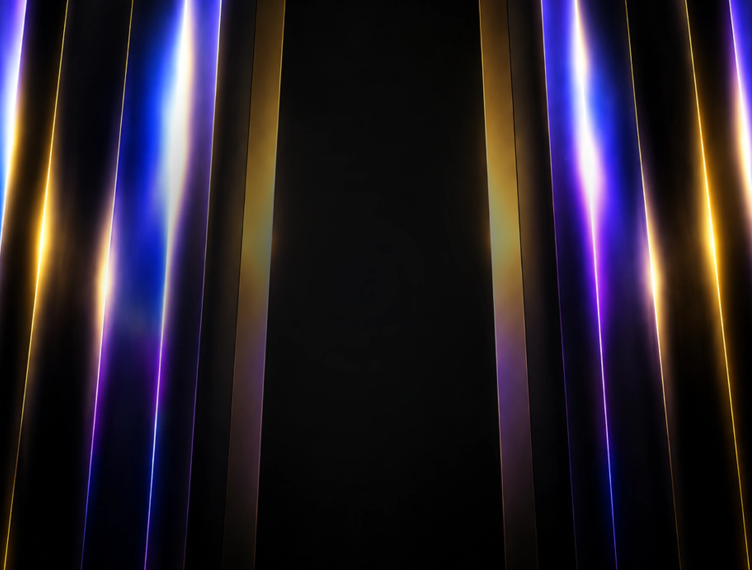Vertical glowing lines in purple, blue, and gold on a black background with reflective effects.