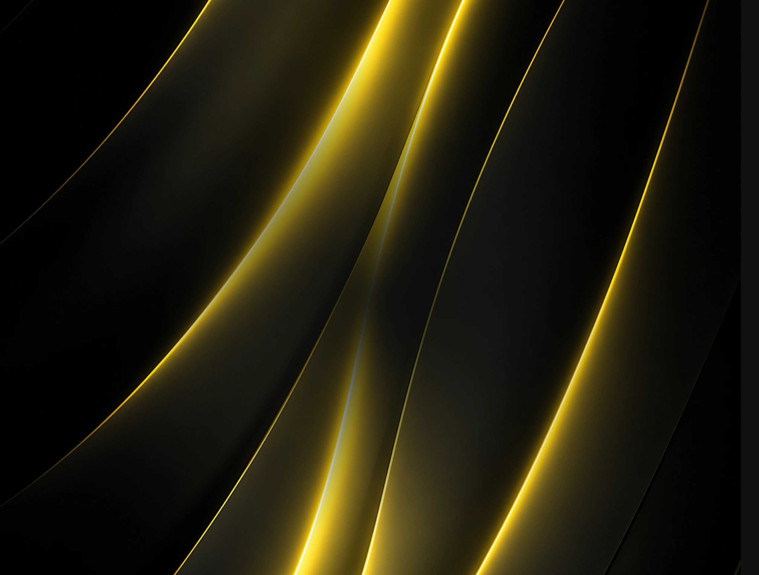 Abstract black background with smooth flowing golden light streaks creating flowing ribbons effect.