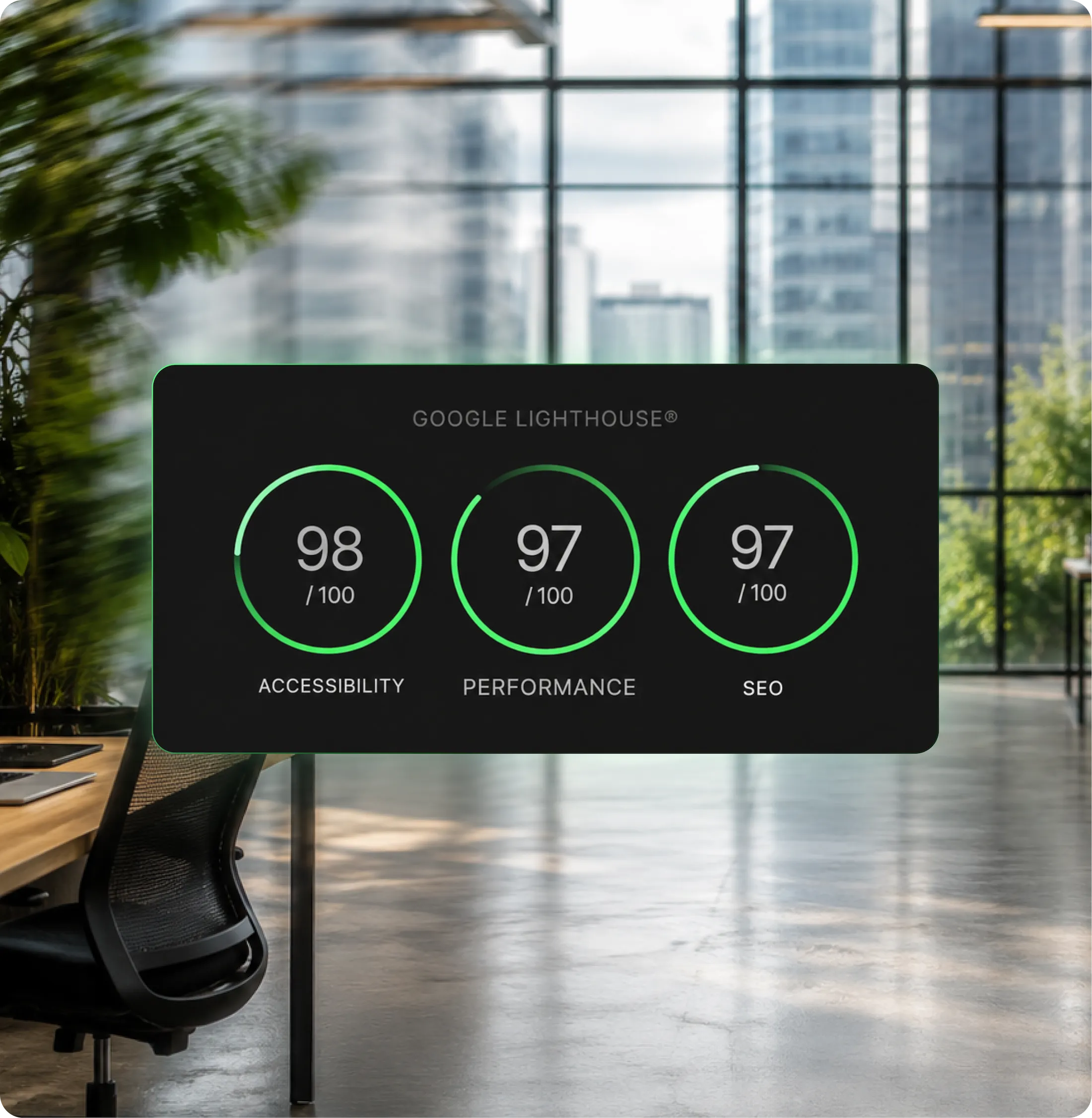 Les scores de Google Lighthouse indiquent une accessibilité de 98, une performance de 97 et un référencement de 97 sur 100 en arrière-plan de bureau.