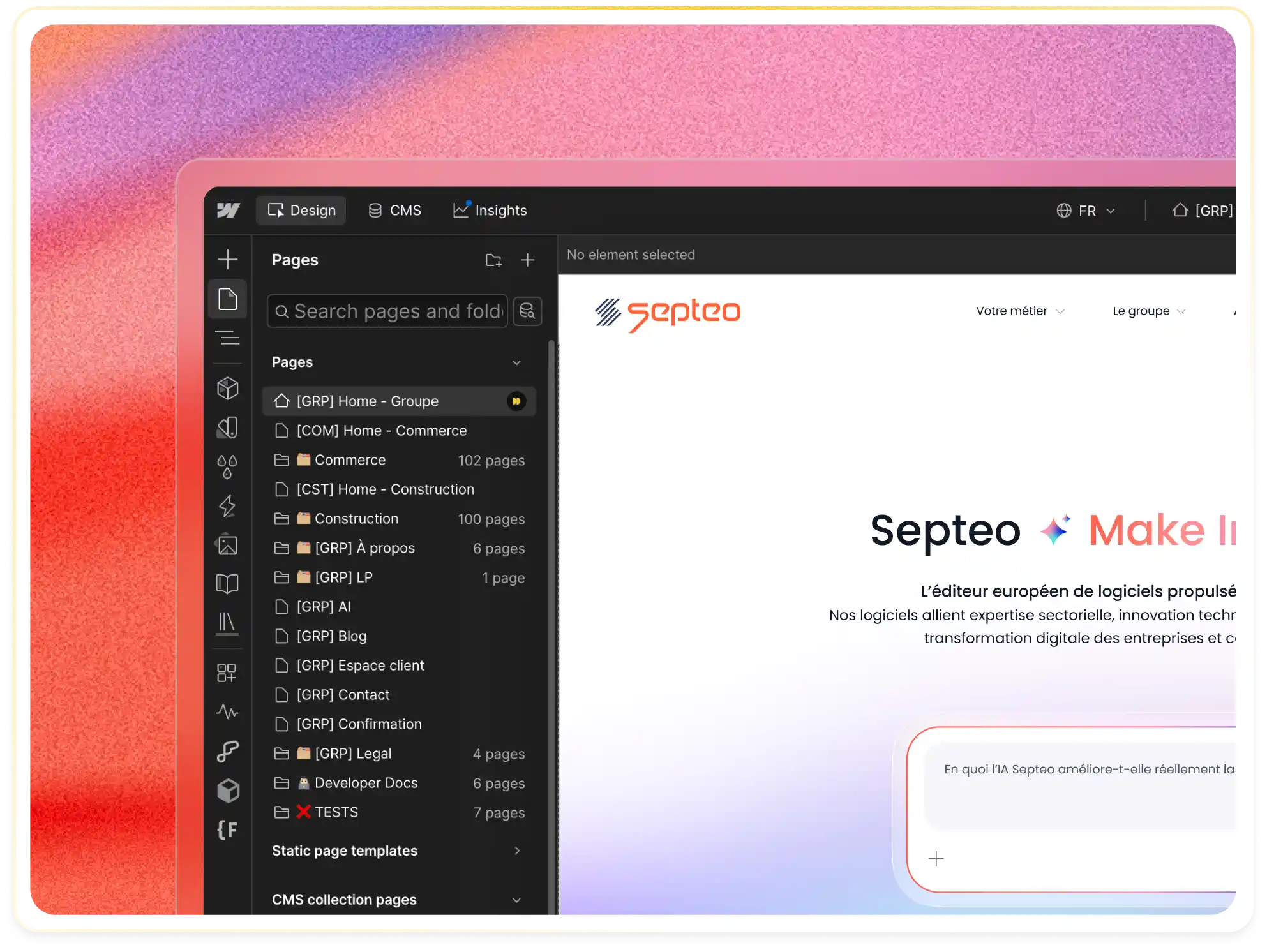 Screenshot of a web design tool showing site pages and the Septeo homepage editor interface.