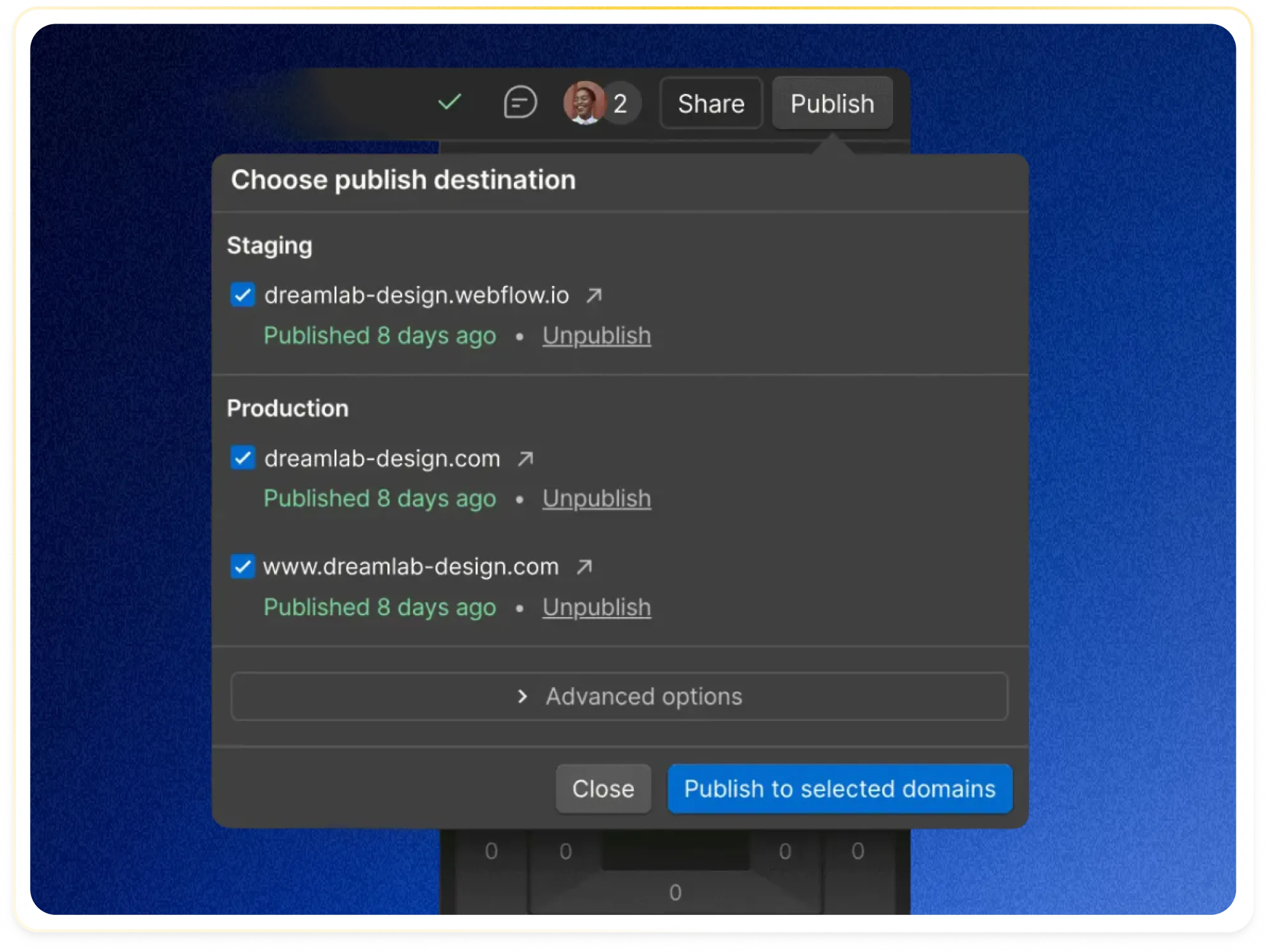 Dialog box showing publish destination options for staging and production on dreamlab-design domains.