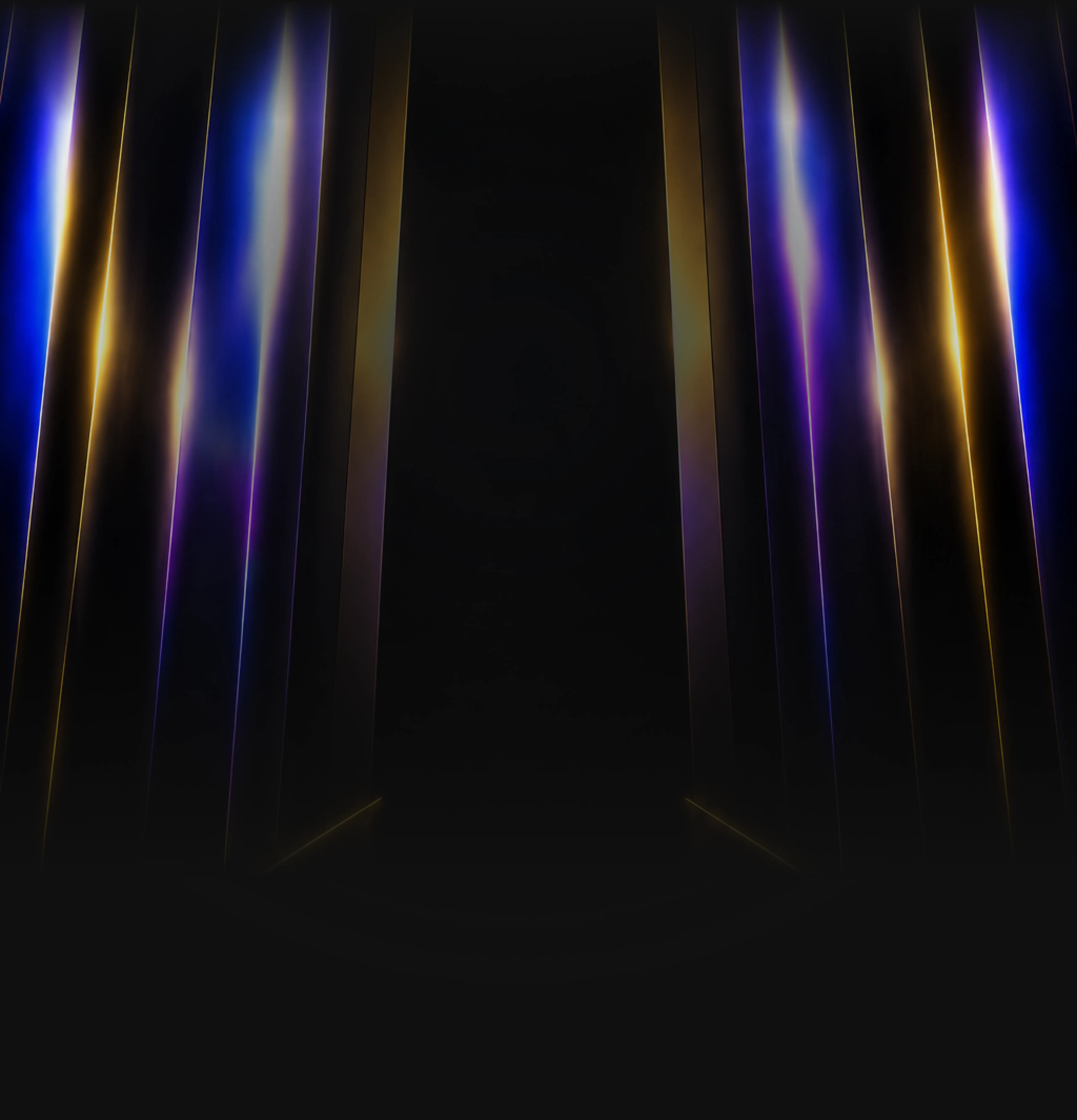 Composition abstraite sombre aux reflets lumineux bleus, violets et dorés, créant une atmosphère immersive et futuriste.