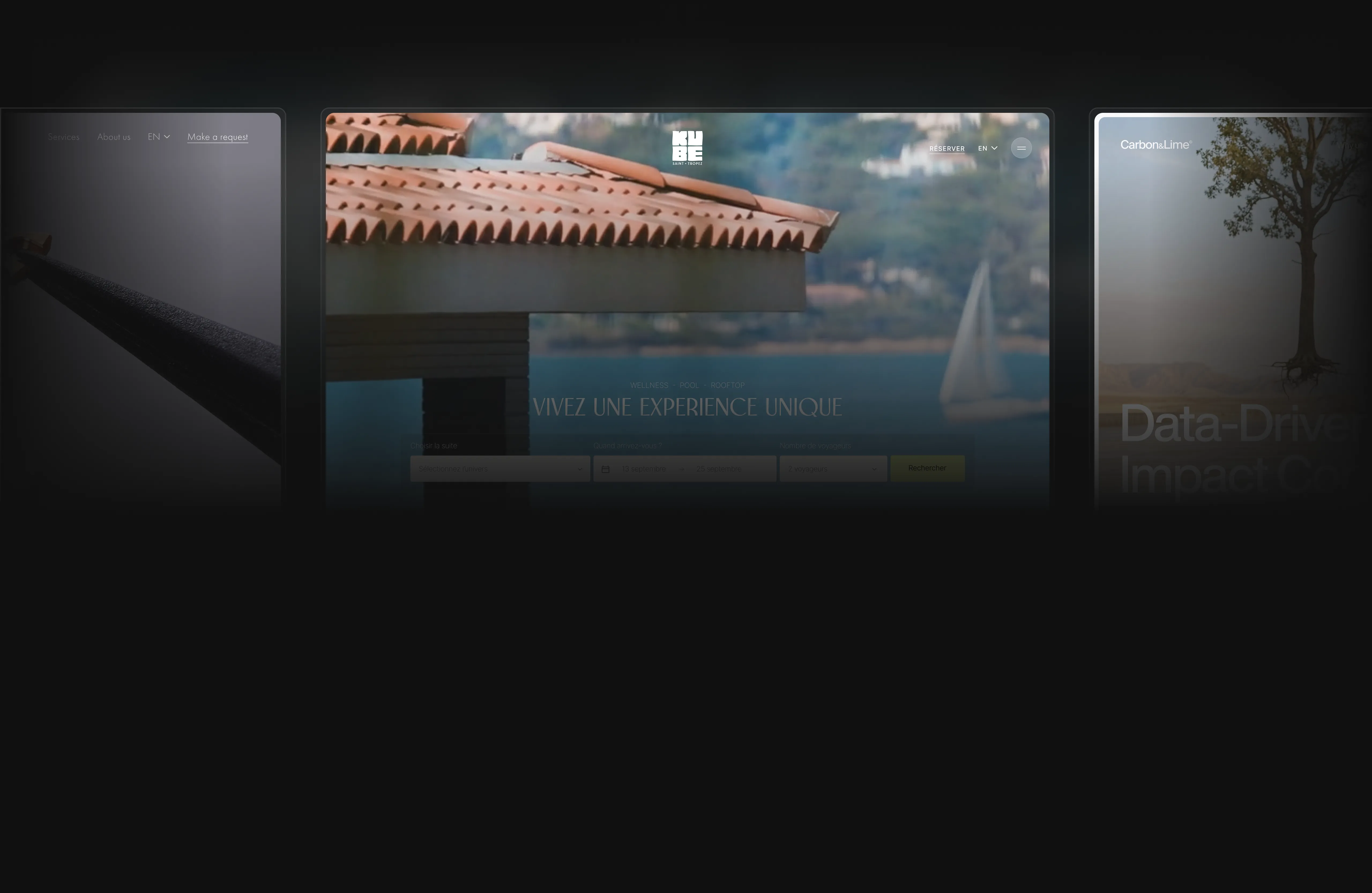 Preview of three modern website designs displayed on a dark background.