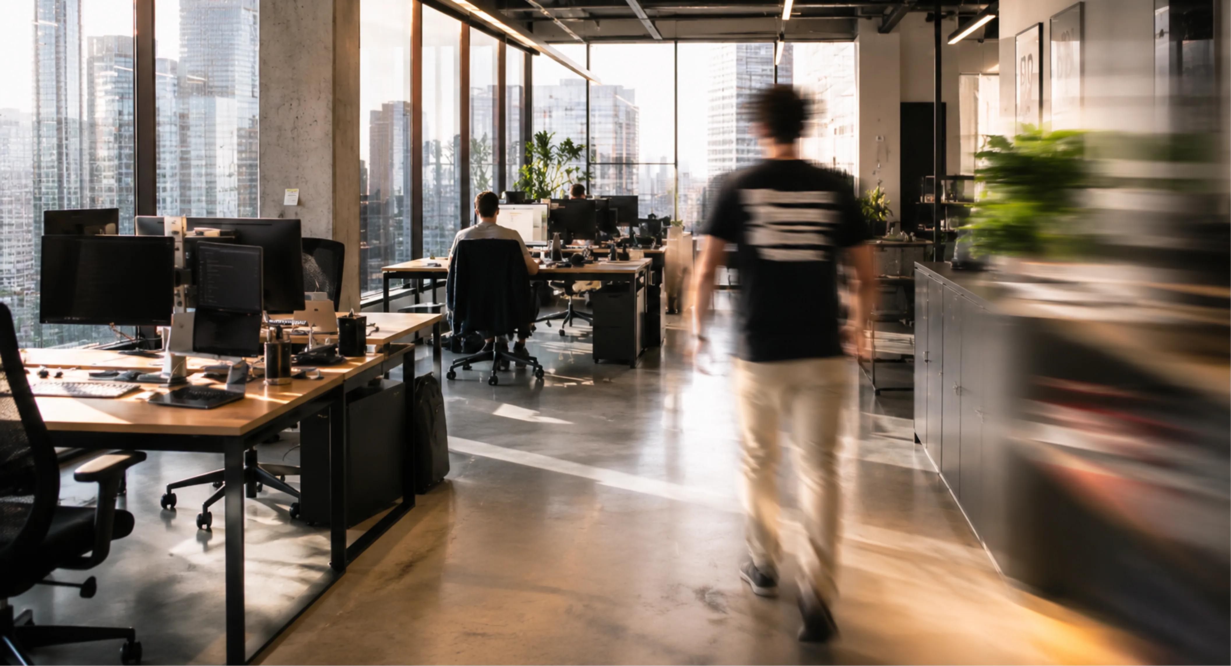 Bright modern office with several workstations and a person walking in the foreground.
