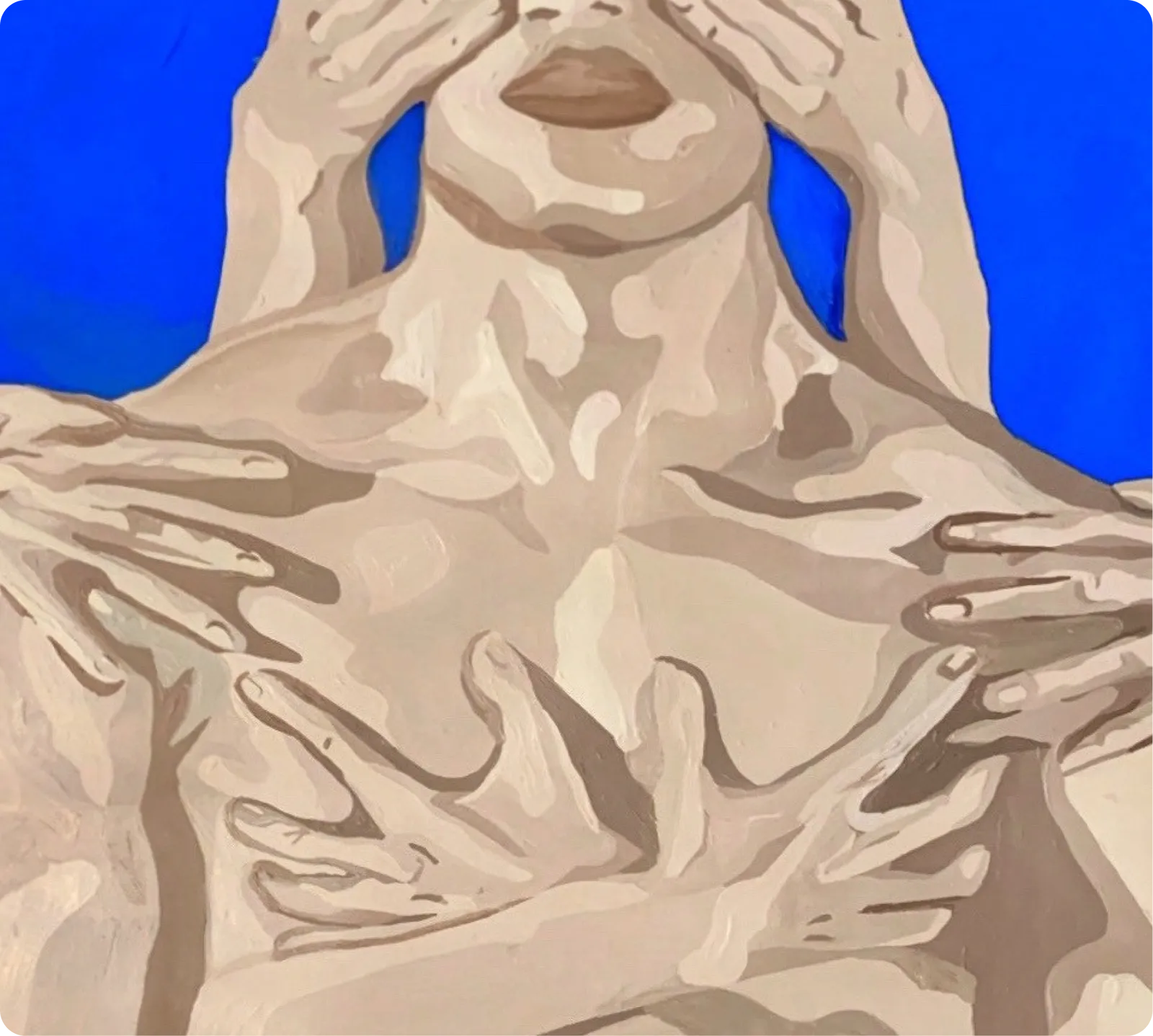 Artistic illustration of a human body surrounded by multiple hands against a vivid blue background.