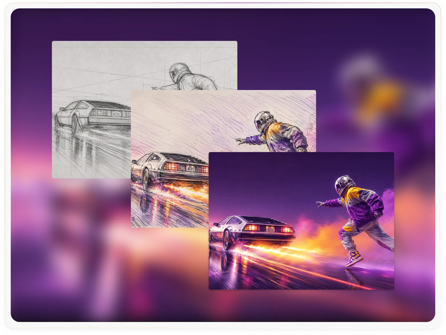 Visual asset generation process, from initial sketch to final illustration of a futuristic scene.