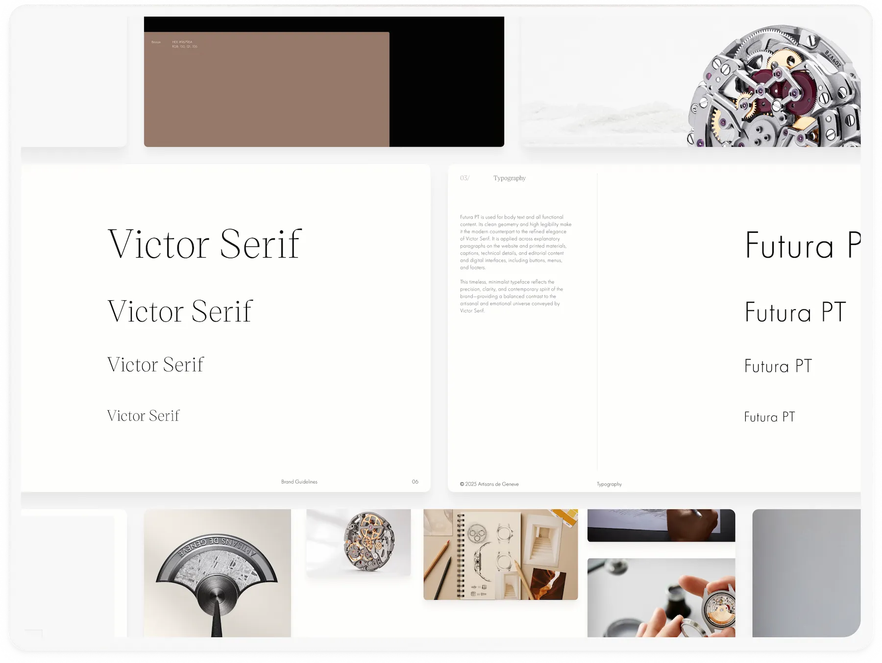 Watchmaking brand guidelines featuring color palette, typography, and visual brand elements.