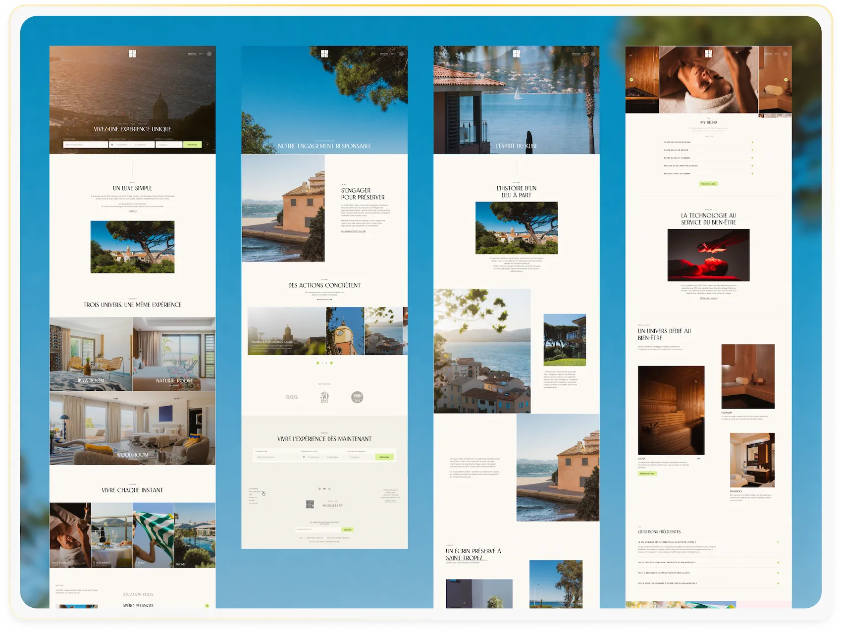 Showcase of multiple web pages designed for a luxury hotel in Saint-Tropez.