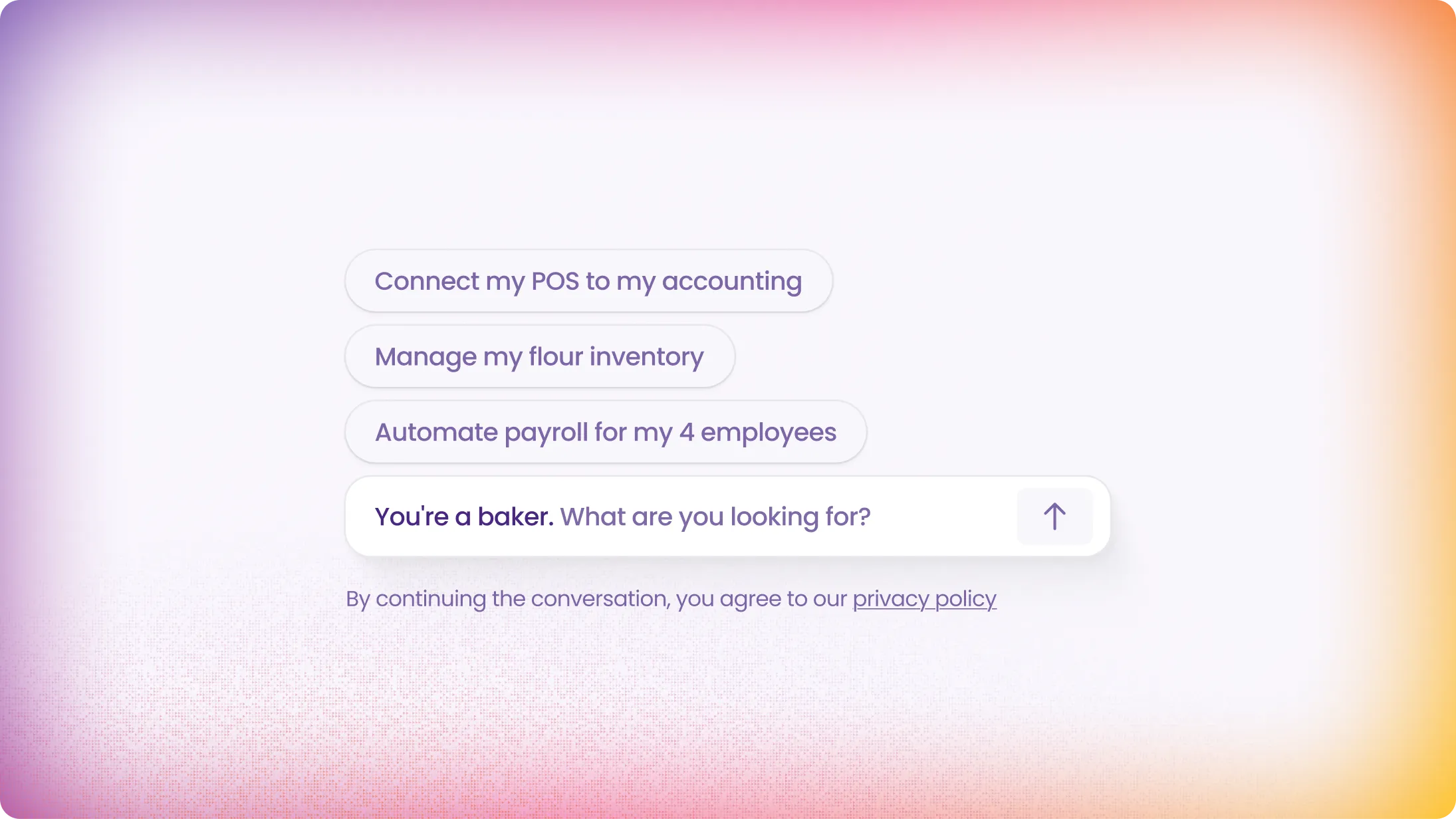 Interface conversationnelle alimentée par l’IA proposant des solutions de gestion adaptées aux besoins d’un boulanger.
