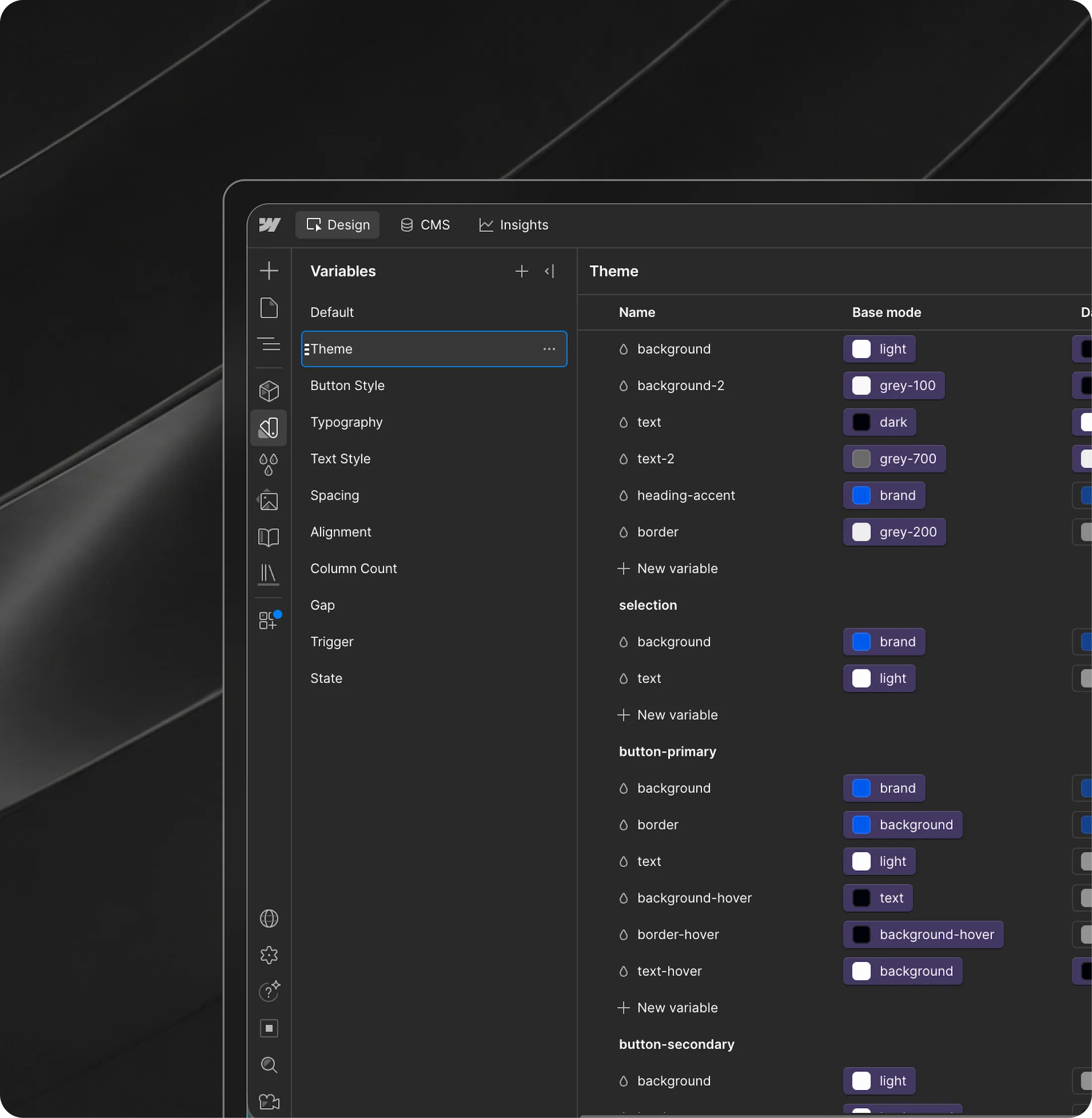 Interface Webflow présentant un framework de variables pour gérer les couleurs, la typographie, les espacements et les composants du site.