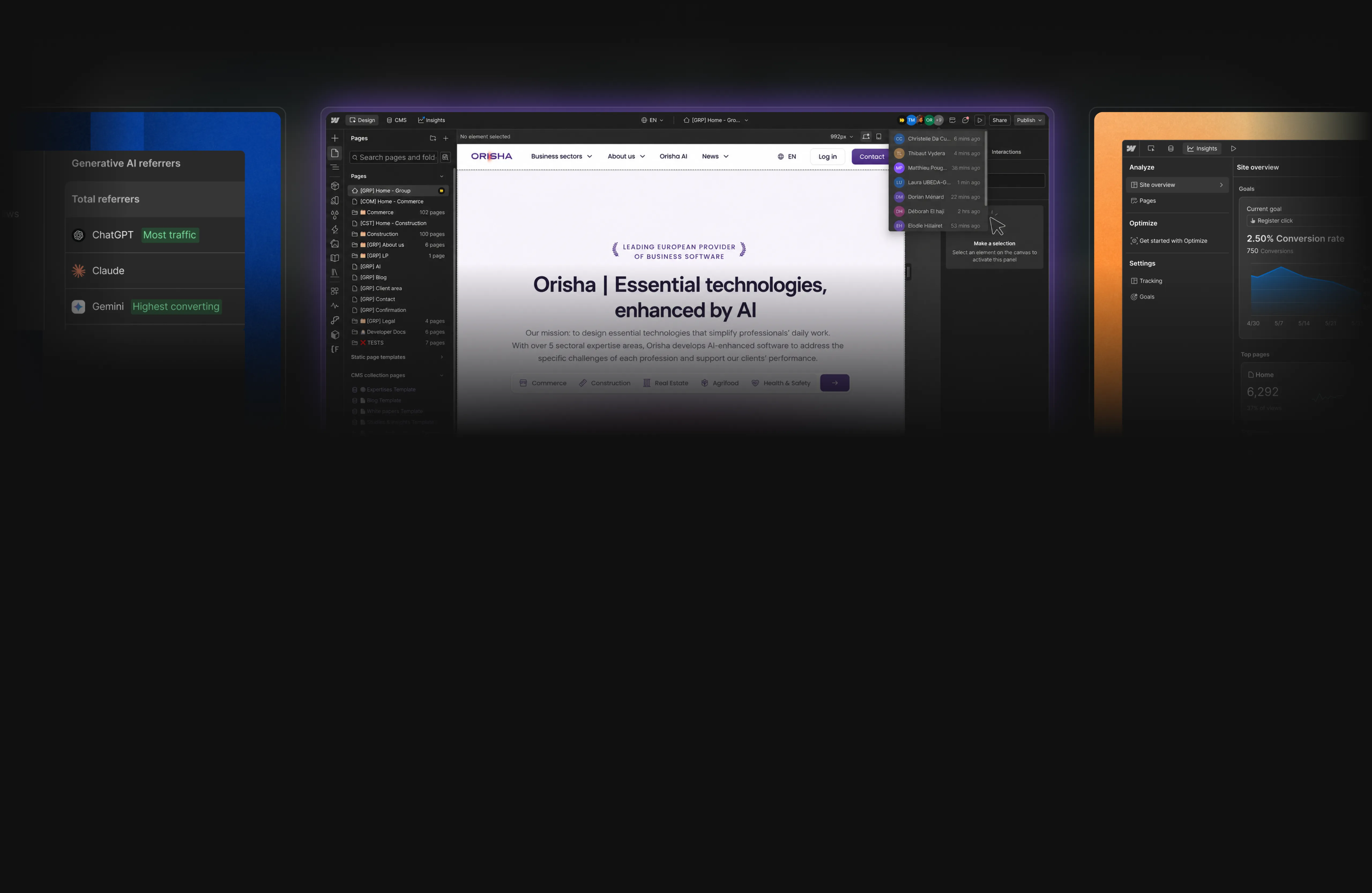 Webflow interface showcasing Orisha’s website, generative AI referral insights, and conversion analytics dashboards.