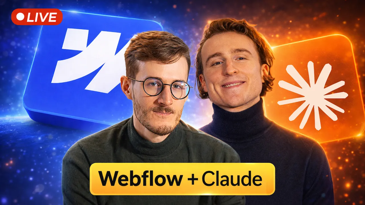 Deux hommes souriants avec les logos Webflow et Claude derrière eux et le texte Webflow + Claude dans une boîte jaune.