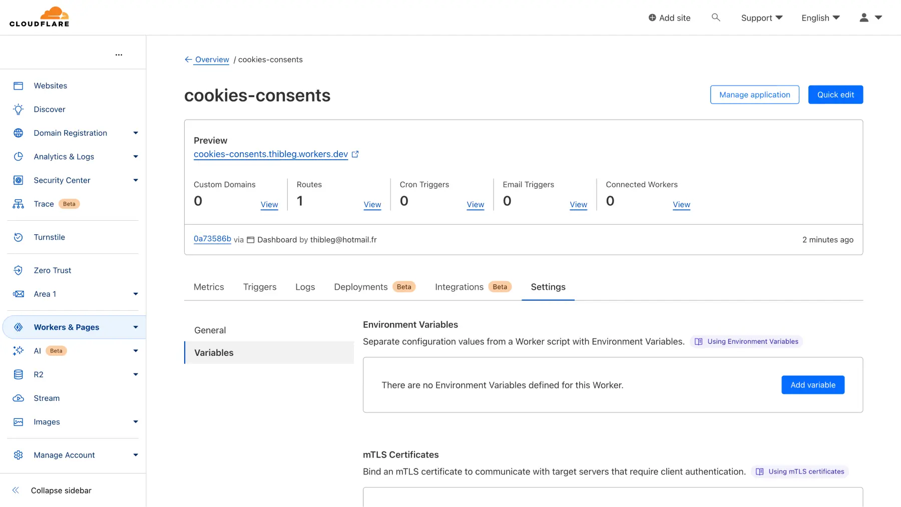 Cloudflare Worker Settings Variables