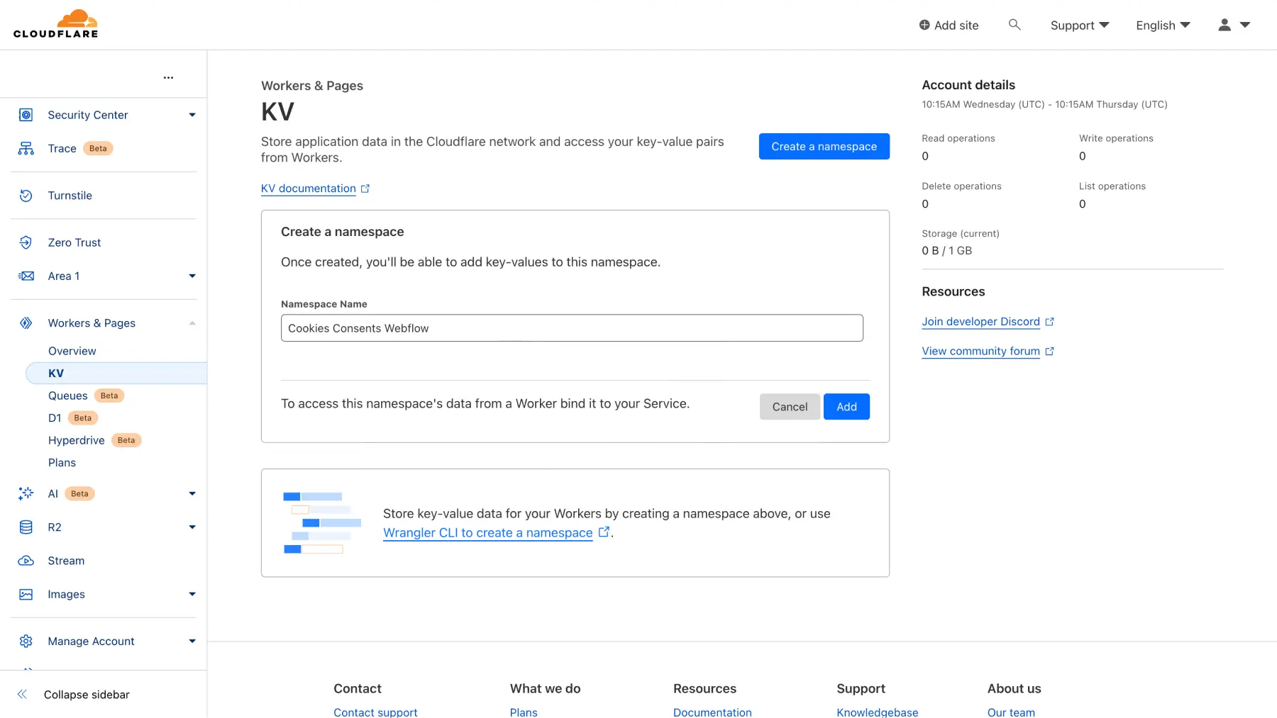 Création d'un namespace / KV Cloudflare