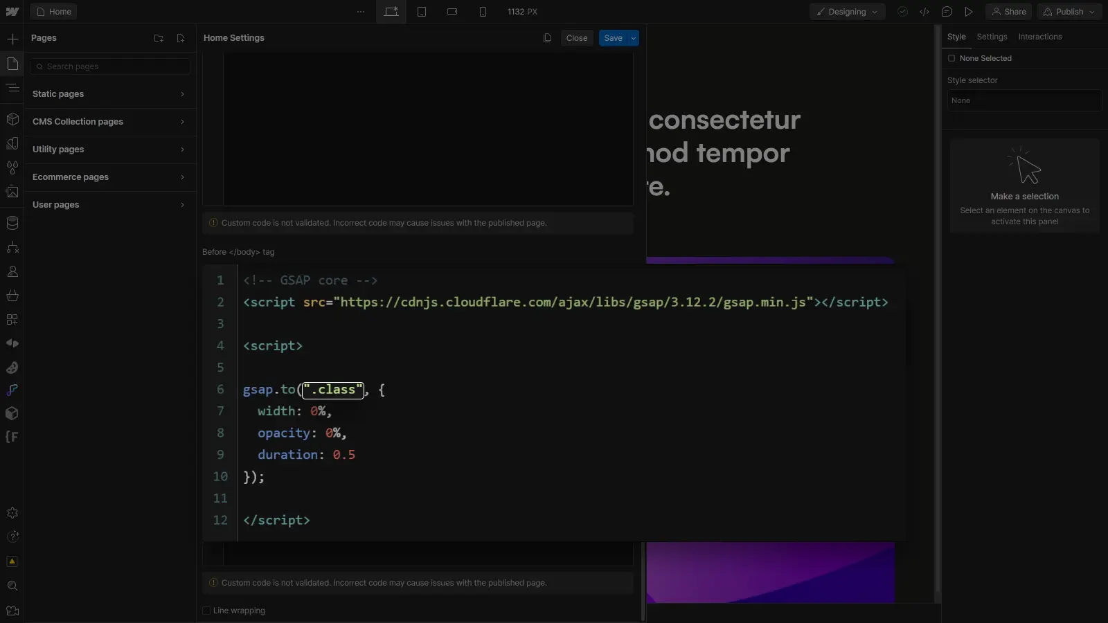 Webflow, explication de code GSAP, cible