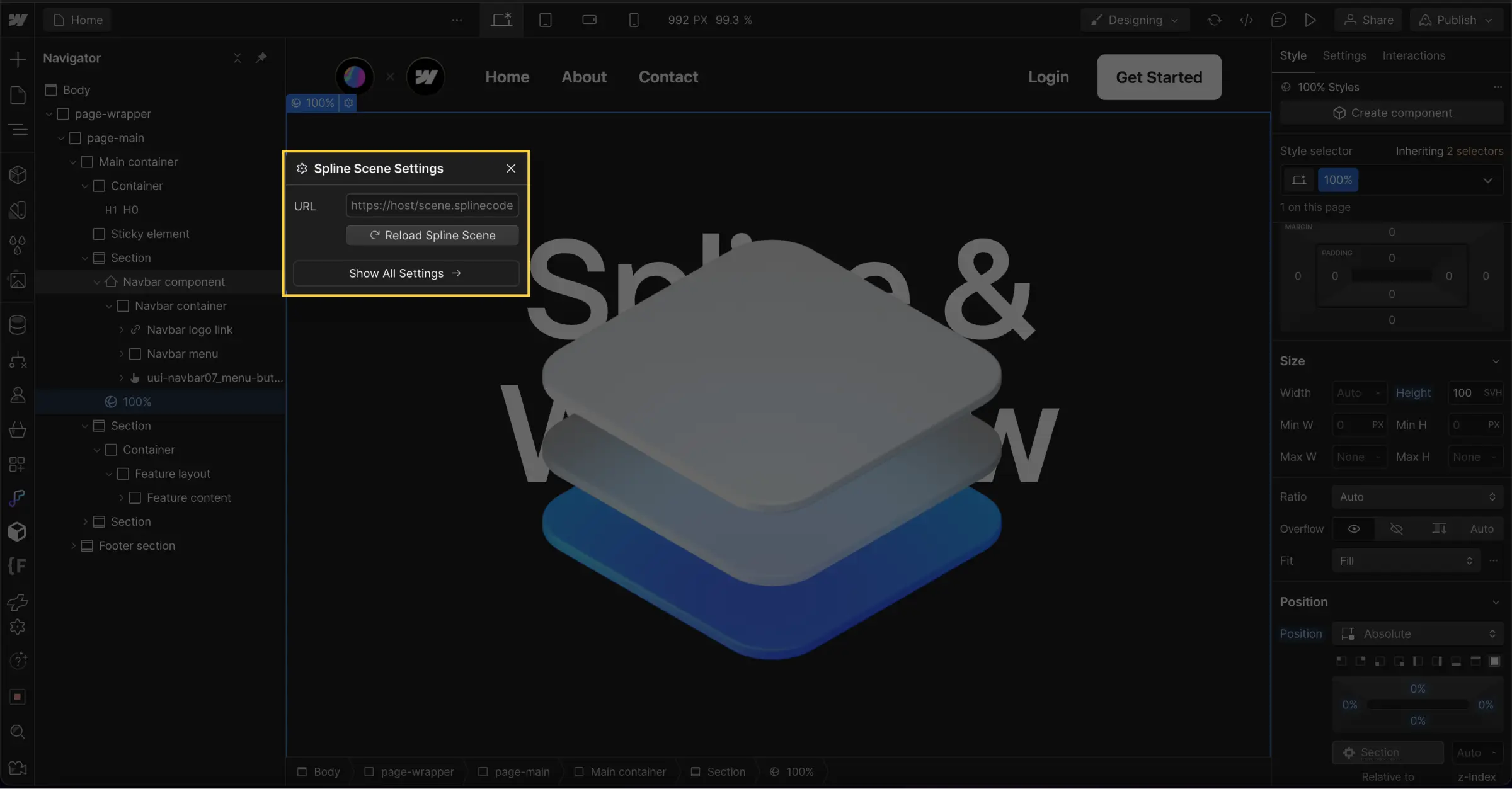 Spline Scene Settings sur Webflow