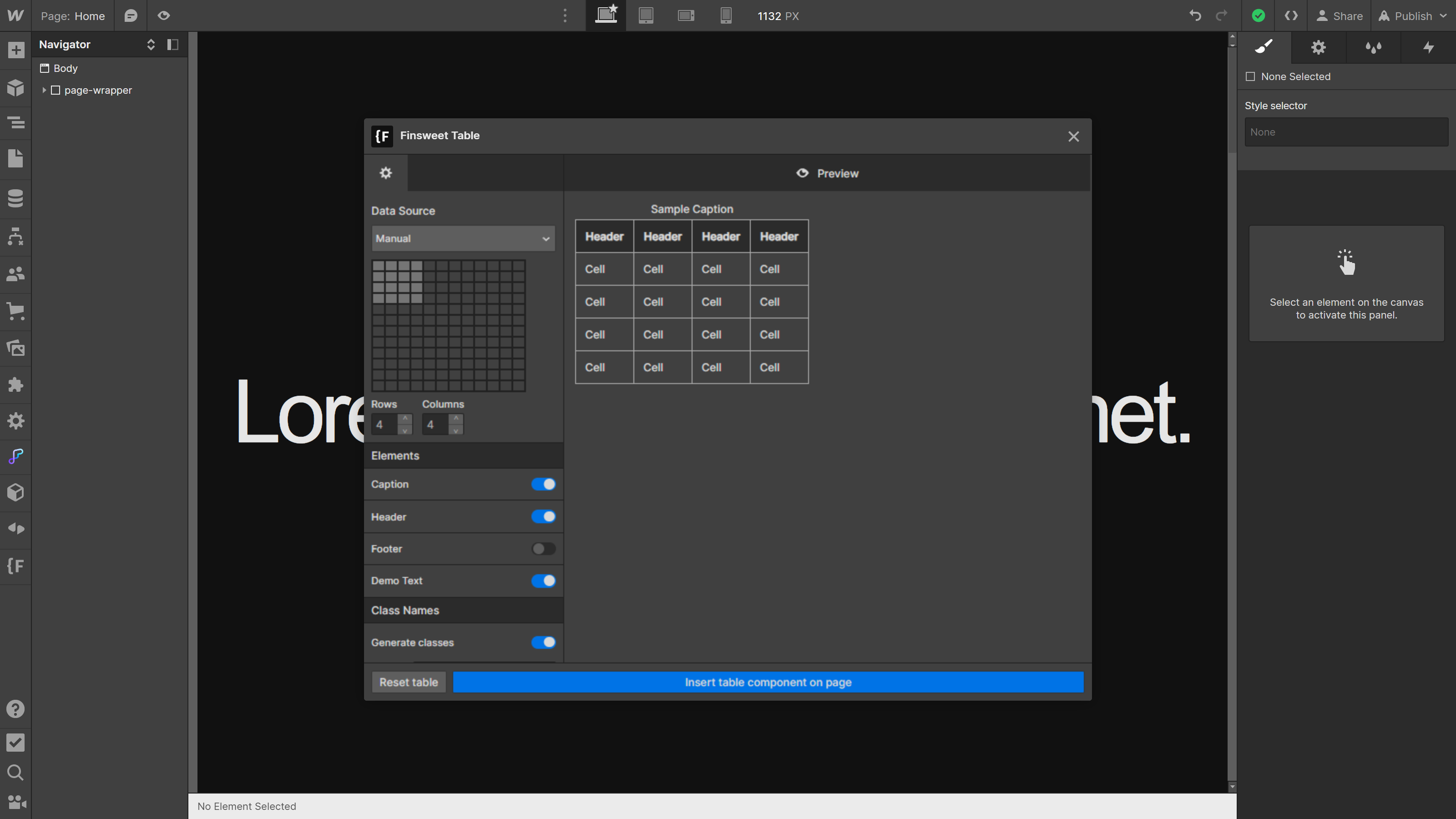 Finsweet Table, Webflow Designer