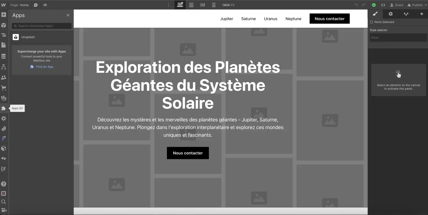 Onglet App Webflow avec Unsplash dans webflow designer