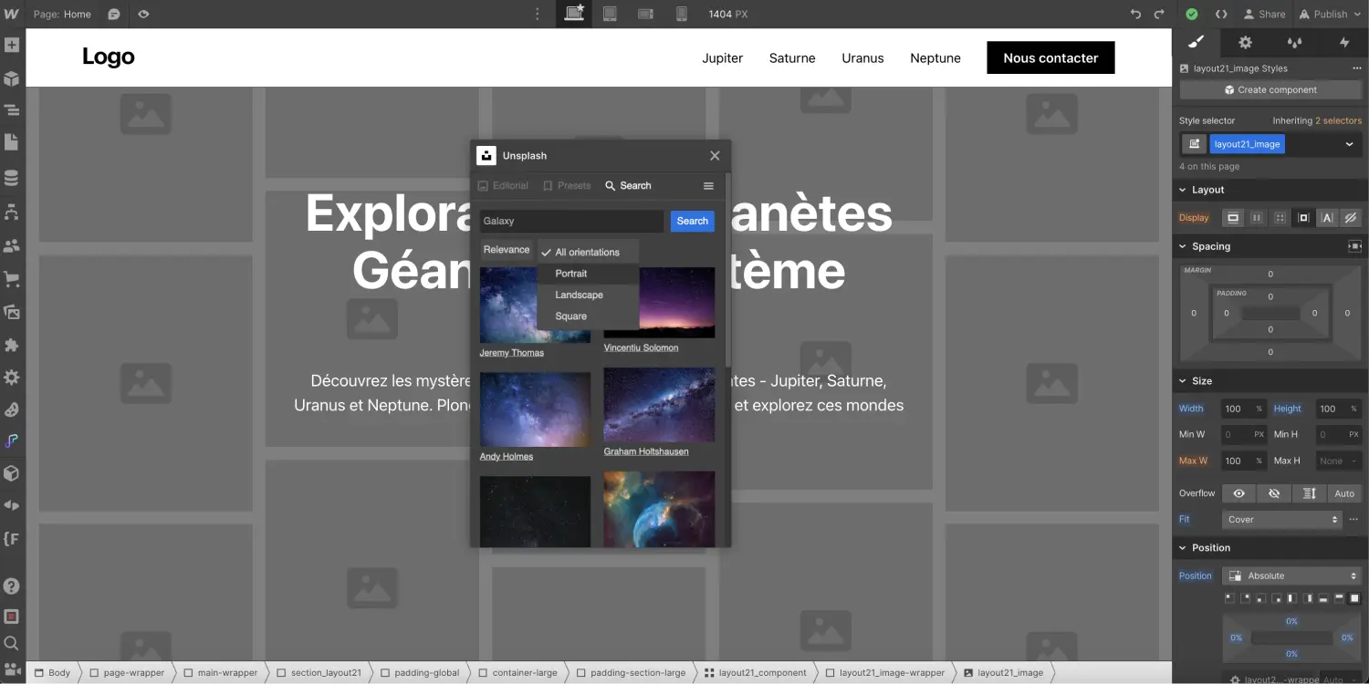 Option de recherche et de tri des images unsplash app webflow