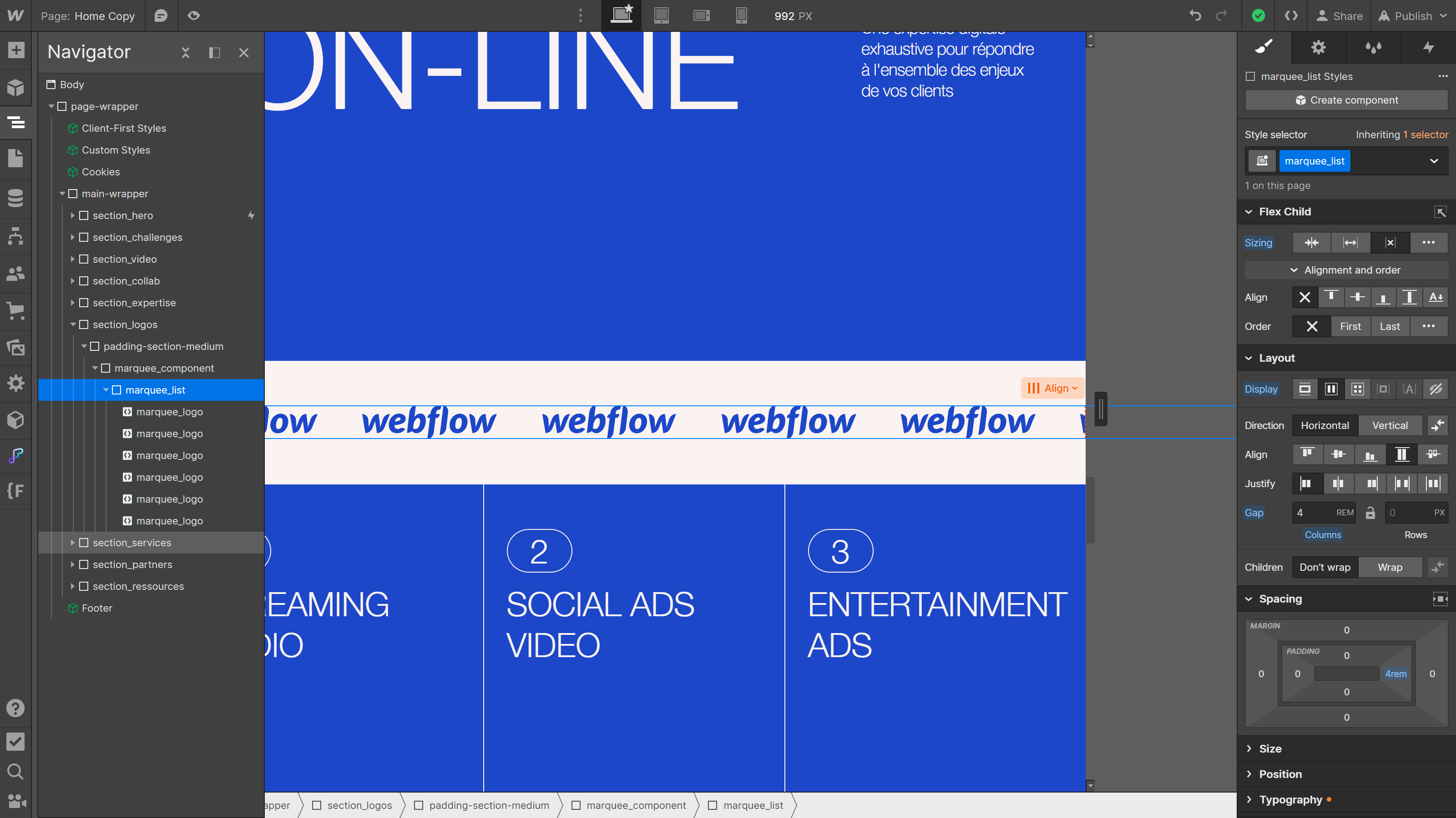 Webflow, styles d'animation marquee 