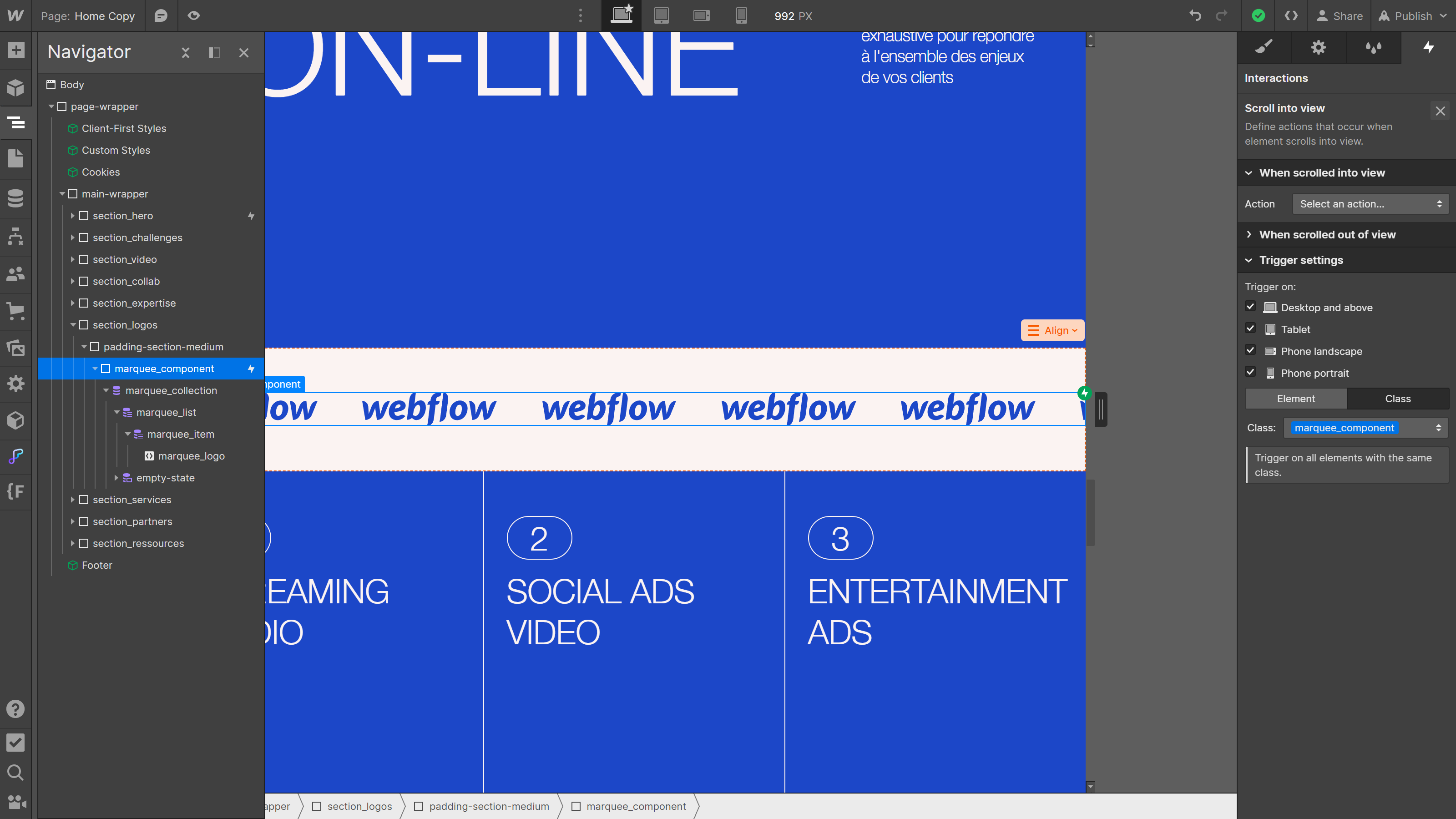 Webflow, interaction d'animation marquee