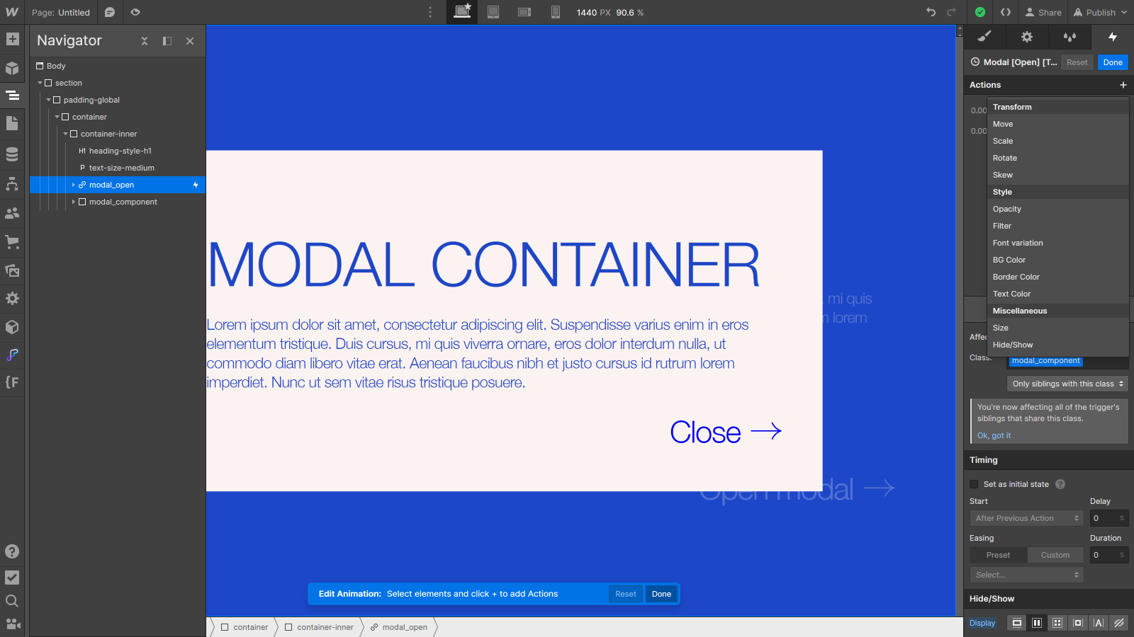 Webflow, interaction d'ouverture du modal, flexbox