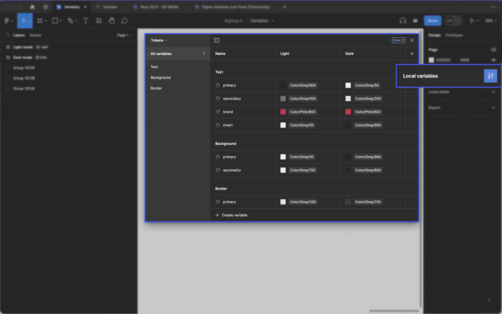 interface figma avec un focus sur la fonctionnalité de variables