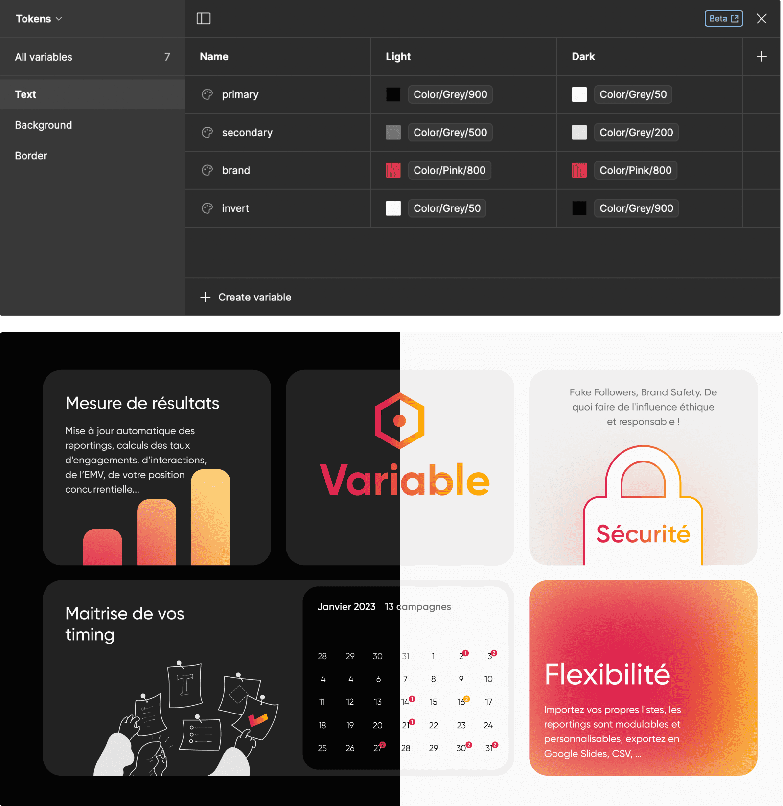 table variable dans figma avec un layout dark et light mode