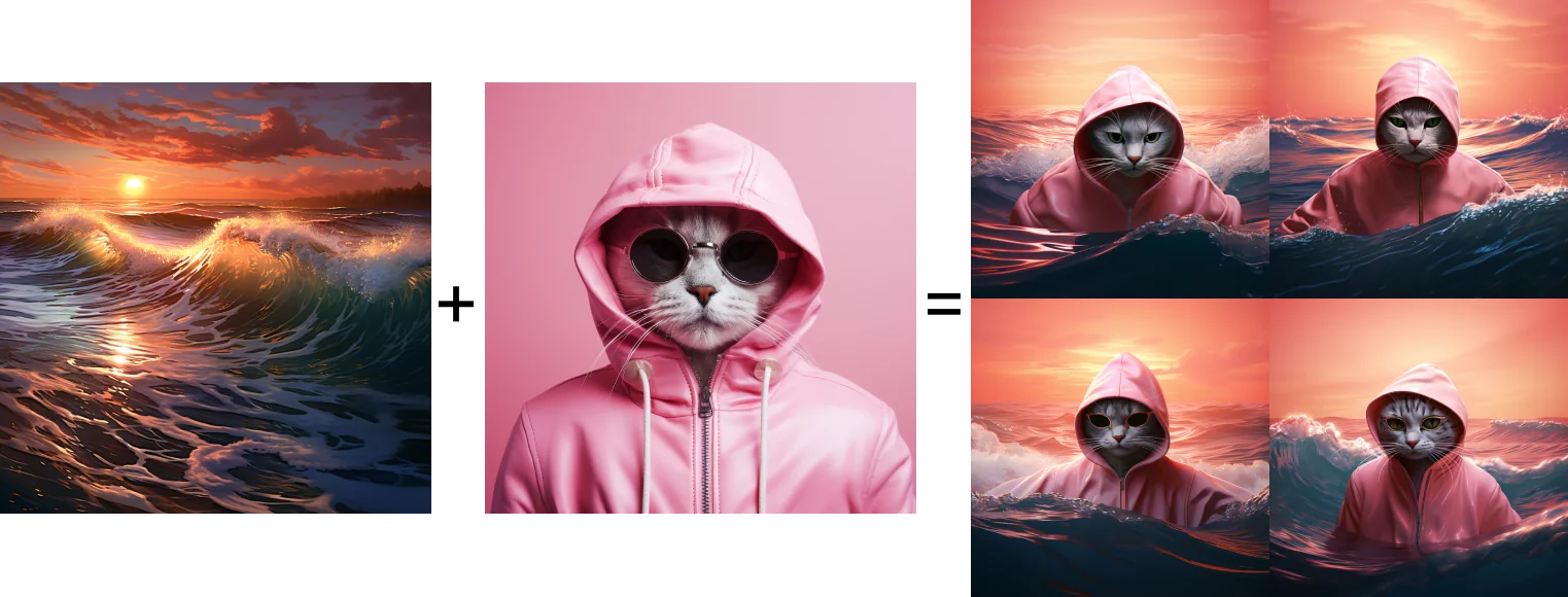 Several images of pink cats and ocean with waves