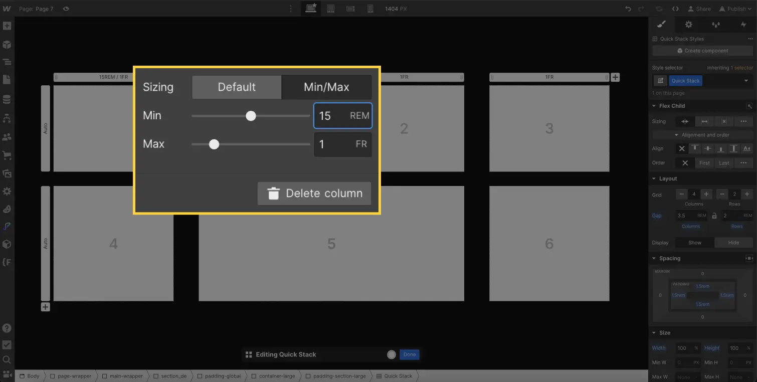 Customizing Quick Stack Cell Size Webflow