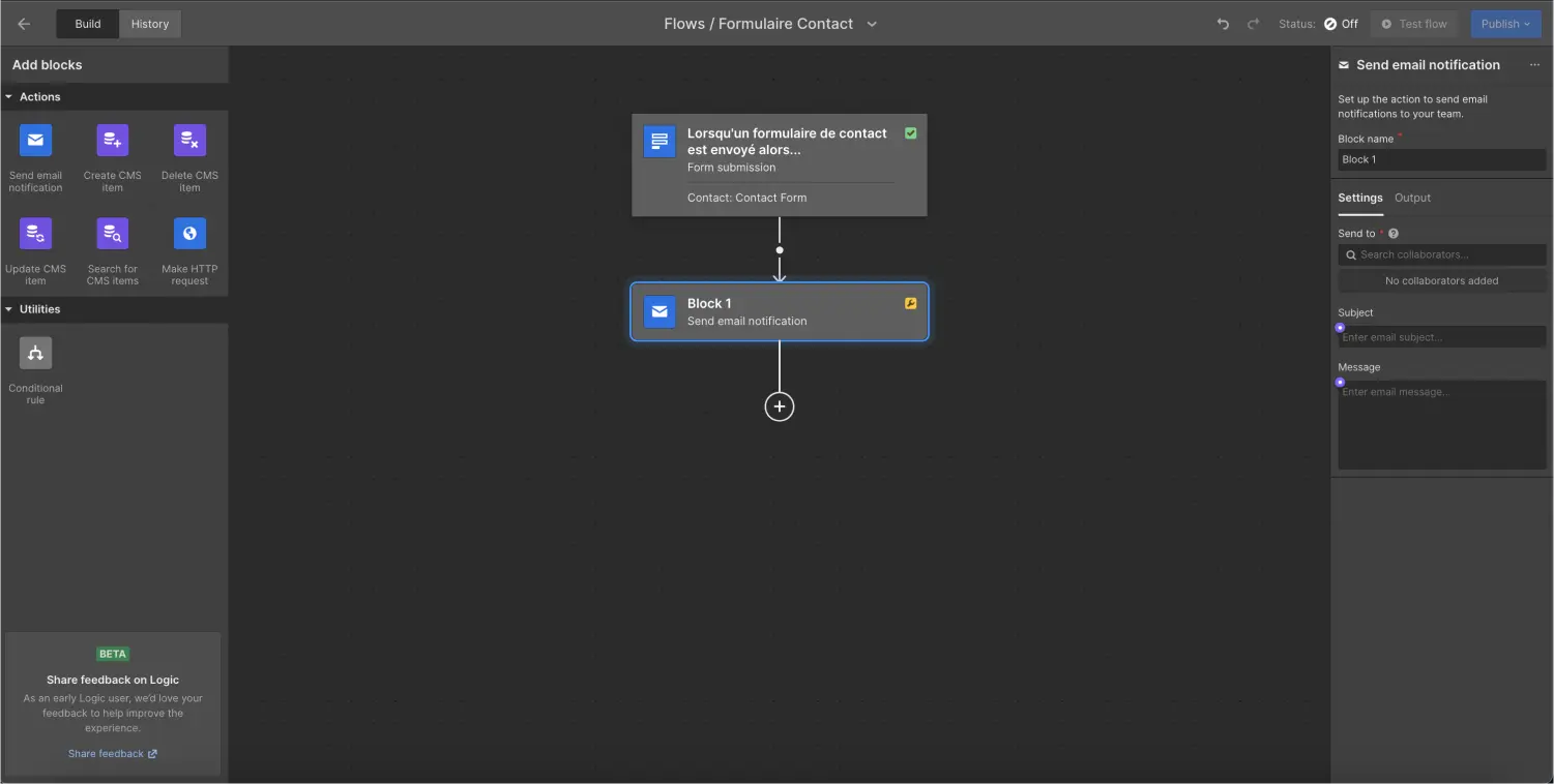 block send email notification logic flow webflow