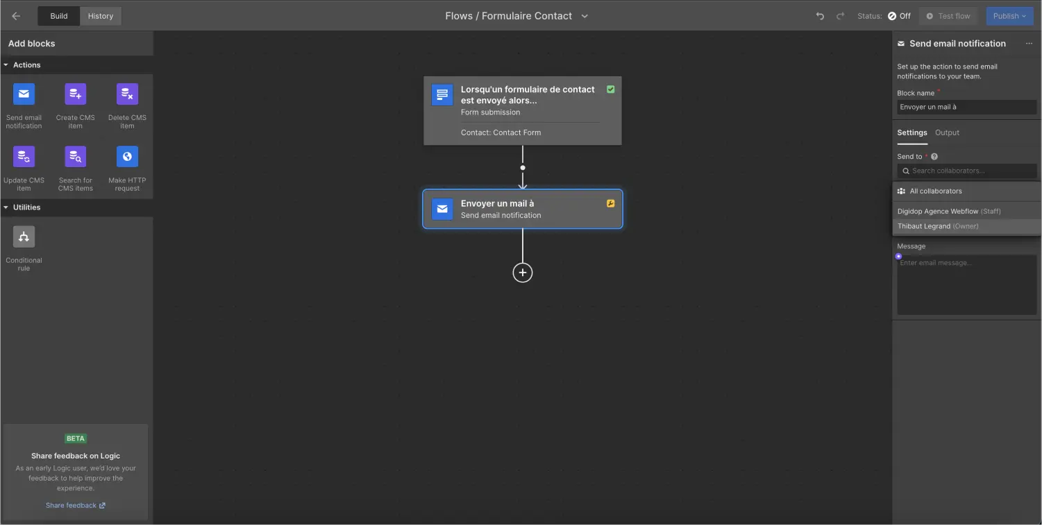 choose who receives the specific email from the logic form webflow