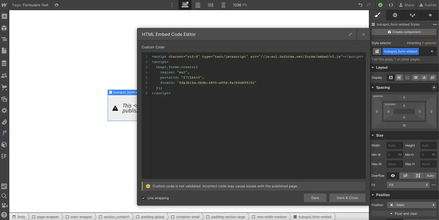 HubSpot embed code in Webflow Embed