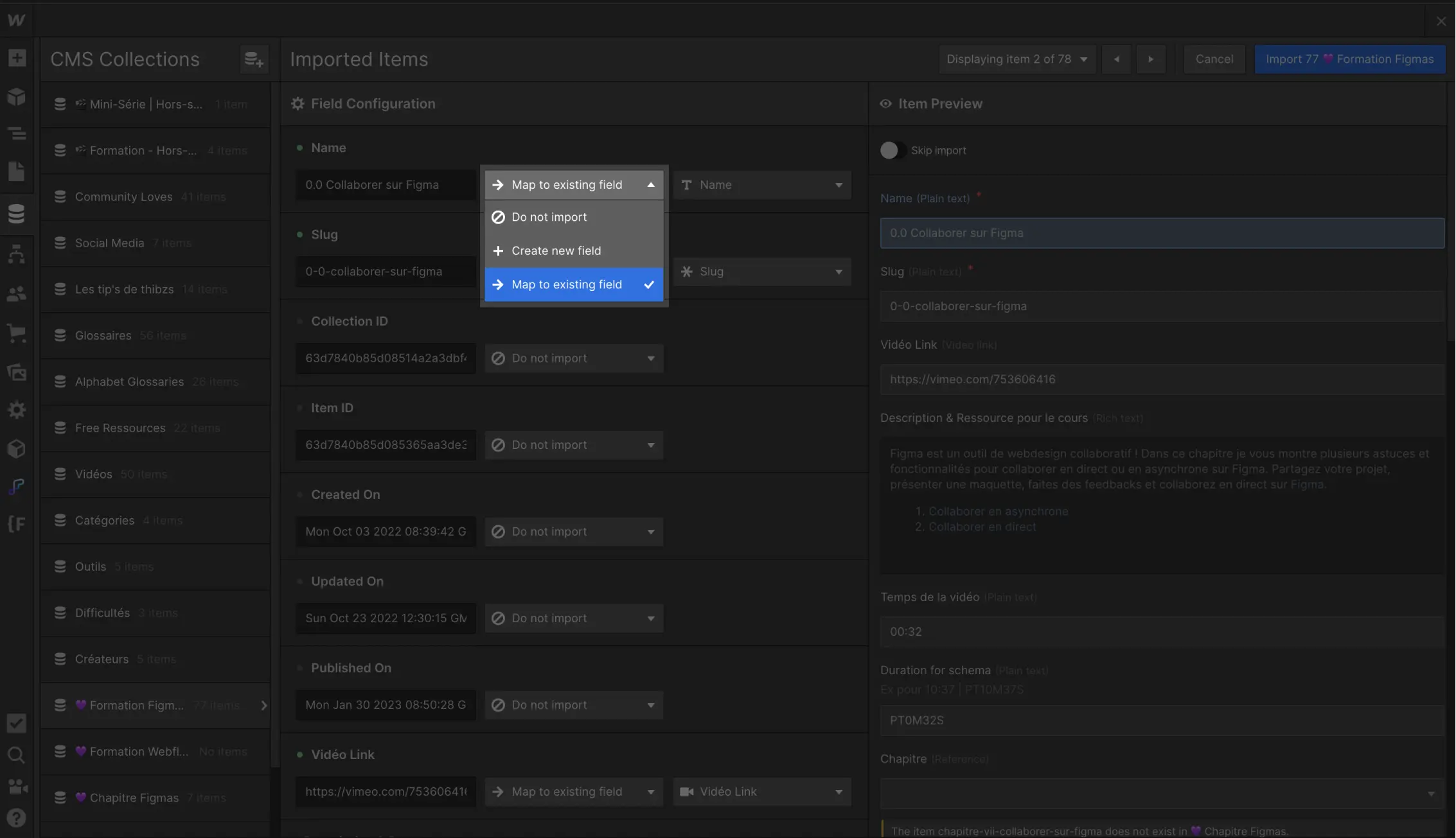 Different import options during a CSV import into the Webflow CMS