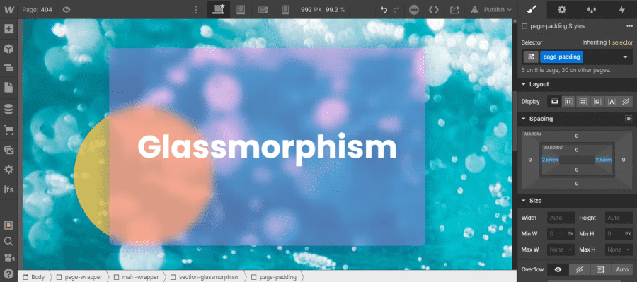 Exemple effet glassmorphism sur Webflow avec éléments