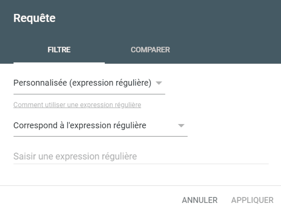 Système de filtrage par expression régulière (regex) pour les requêtes dans la Google Search Console 