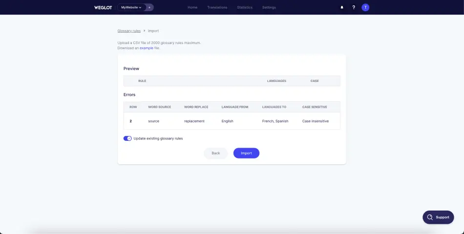 List of translation rules from the CSV file in Weglot