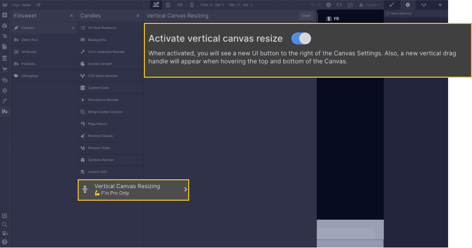 Fonctionnalité "vertical canvas resizing" Finsweet Extension Webflow