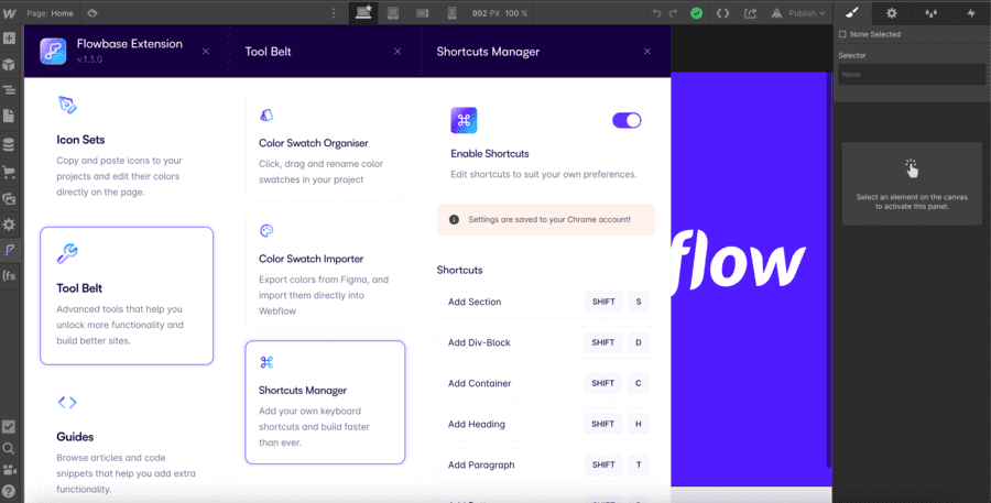 raccourcis clavier Webflow personnalisé : Flowbase extension