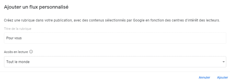 Capture d'écran ajouter une rubrique à partir d'un flux personnalisé dans Publisher Center pour Google Actualités