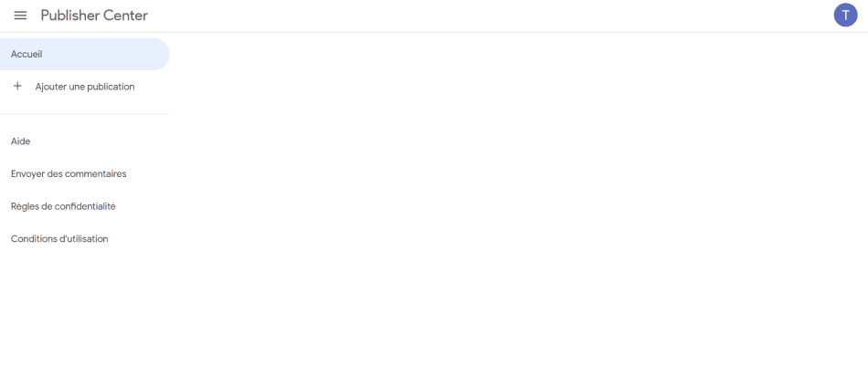 Capture d'écran de l'interface de base vide du Publisher Center pour Google Actualités