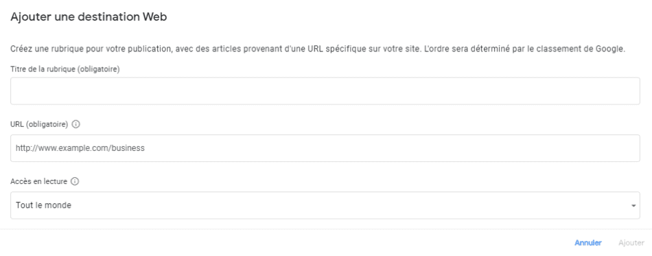 Capture d'écran ajouter une rubrique à partir d'une destination web dans Publisher Center pour Google Actualités