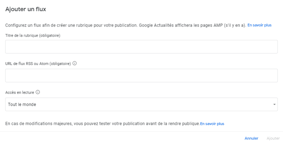 Capture d'écran ajouter une rubrique à partir d'un flux dans Publisher Center pour Google Actualités