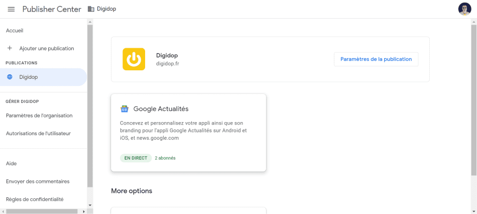 Capture d'écran interface Digidop Publisher Center pour Google Actualités