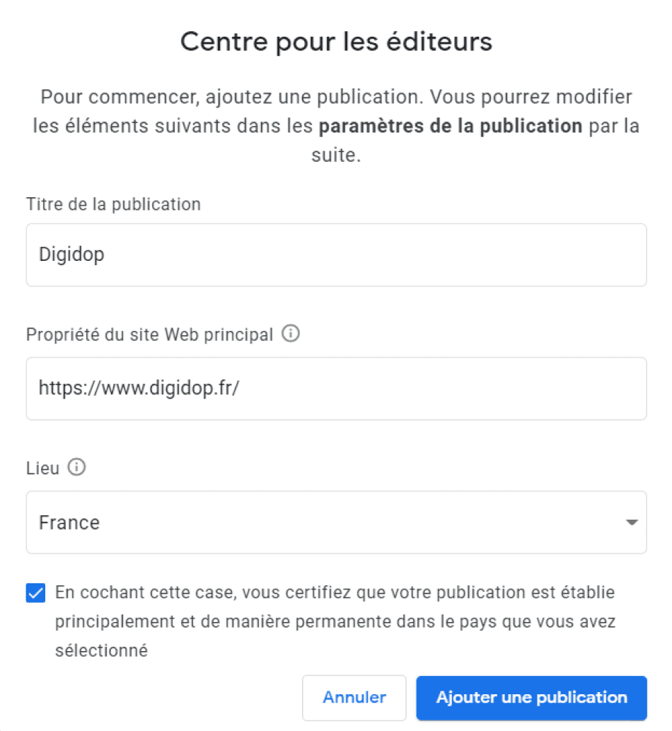 Capture d'écran champ création d'une publication du Publisher Center pour Google Actualités