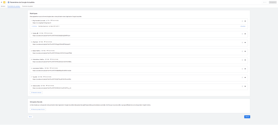 Capture d'écran gestion rubriques dans Publisher Center pour Google Actualités
