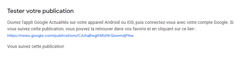 Capture d'écran test publication dans Publisher Center pour Google Actualités